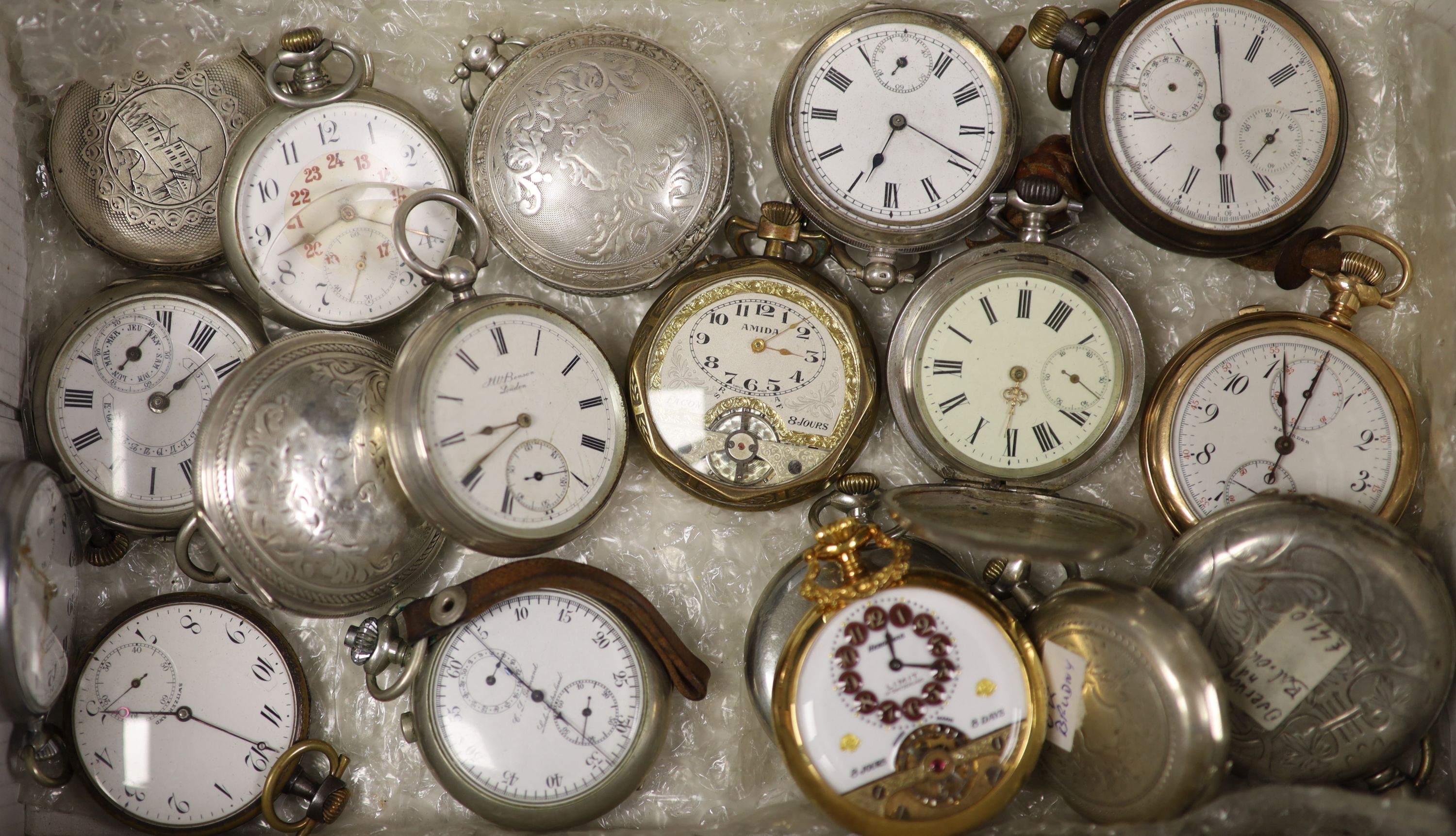 A collection of assorted, mainly base and white metal pocket watches, including Hebdomas, Hamilton and J.W. Benson